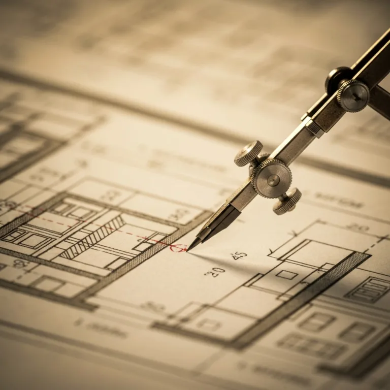 A macro, extreme close-up photograph of a drafting compass resting on a complex architectural blueprint, sharp focus on the metallic point, soft blurred background, cinematic lighting, symbolizing precision and clarity.