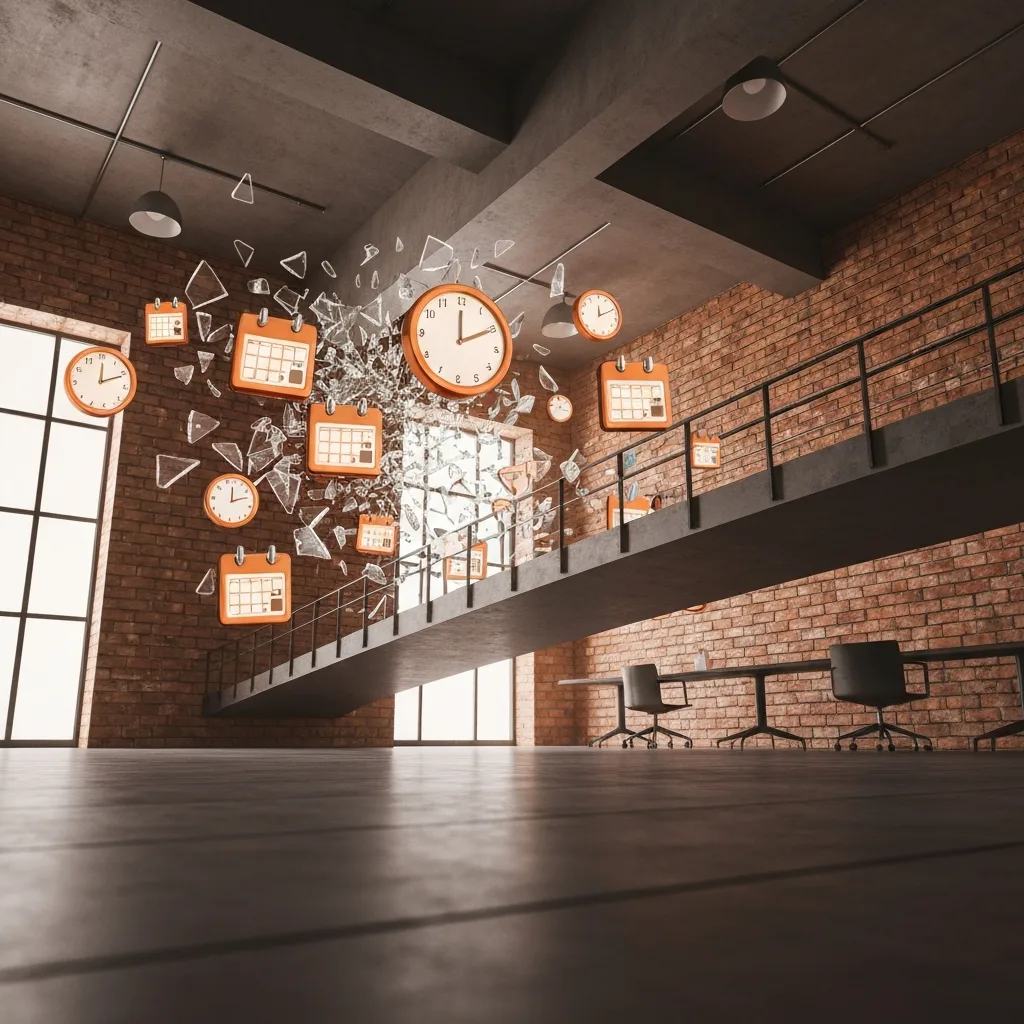 A conceptual architectural visualization of a glass bridge shattering under pressure, placed metaphorically inside a modern office environment. The shattered glass pieces morph into floating calendar icons and clock faces, representing the brittleness of hyper-scheduled workdays.