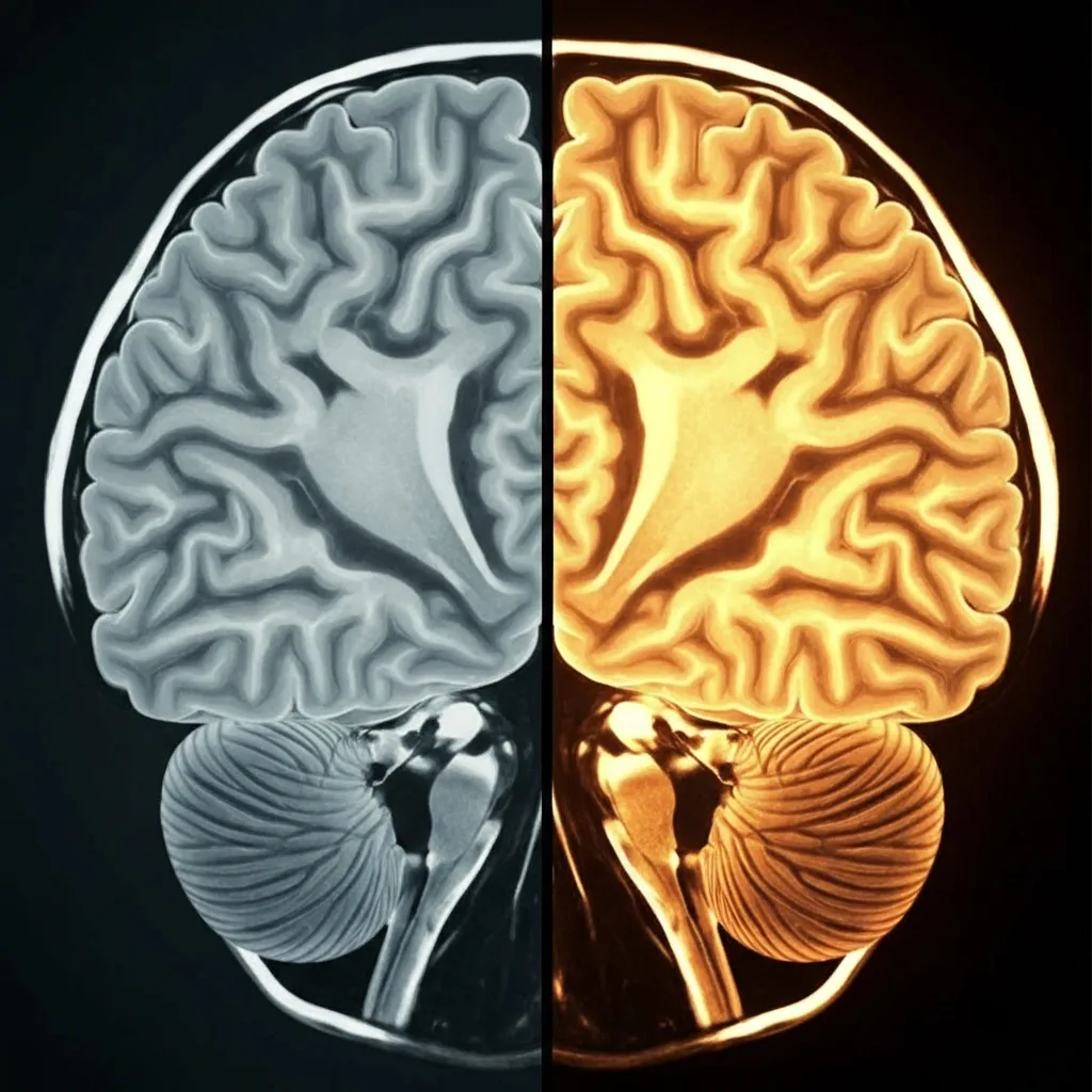 A side-by-side split visual: on the left, a brain scan with muted, cool colors representing the 'stranger' concept; on the right, the same brain glowing with warm, vibrant gold and orange hues, symbolizing the neural connection to the future self. Clean, modern scientific aesthetic, dark background.
