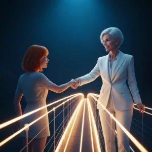 A conceptual, high-end editorial illustration showing a person standing at the edge of a glowing, translucent bridge, reaching out to shake hands with a slightly older, confident, and radiant version of themselves. Cinematic lighting, deep blue and amber color palette, photorealistic style.