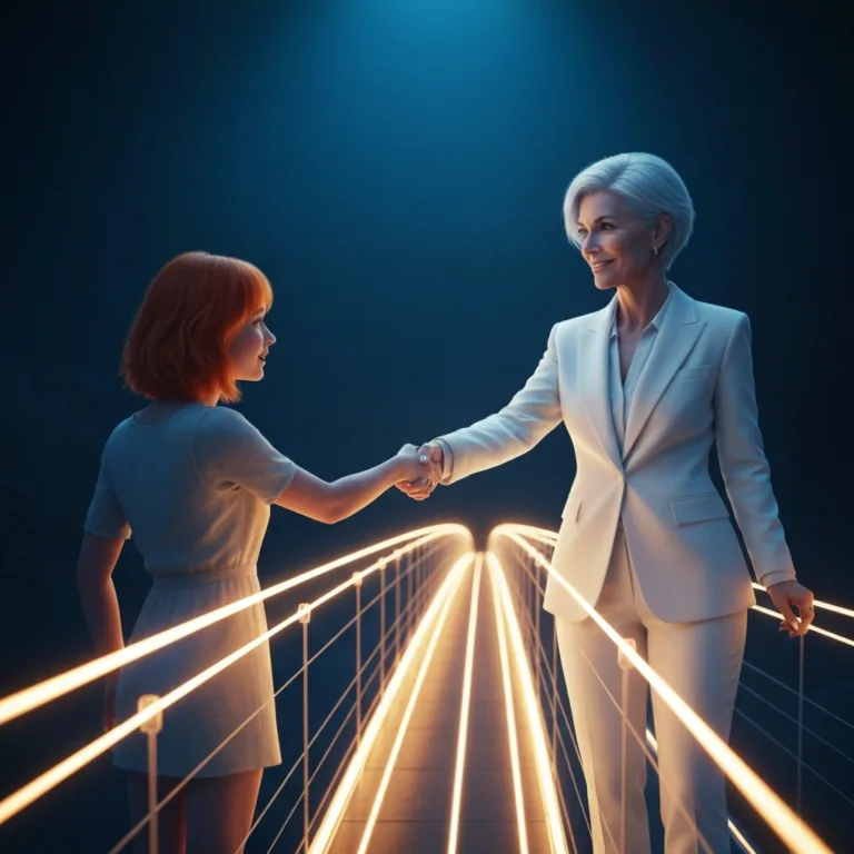 A conceptual, high-end editorial illustration showing a person standing at the edge of a glowing, translucent bridge, reaching out to shake hands with a slightly older, confident, and radiant version of themselves. Cinematic lighting, deep blue and amber color palette, photorealistic style.