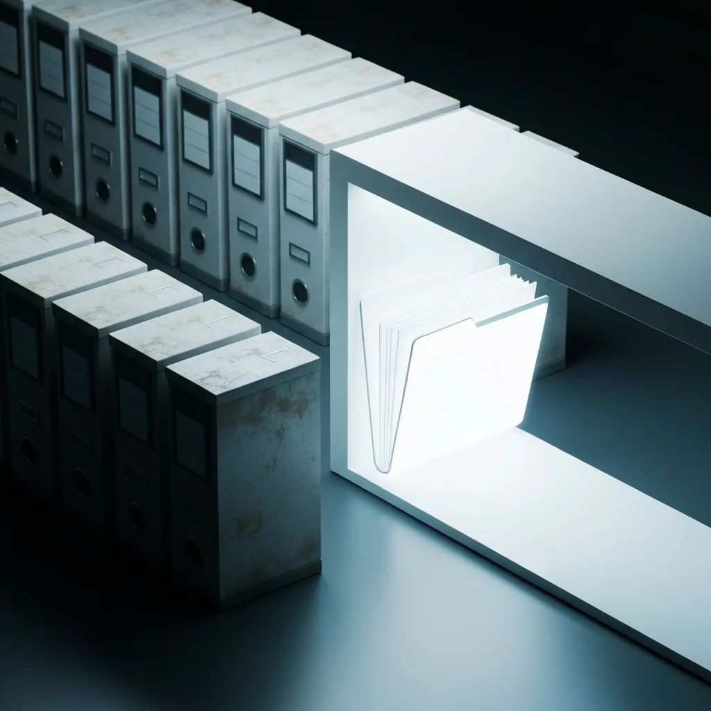 A conceptual visualization of 'Just-in-Time' learning: a clean, organized digital filing system or pipeline where only a single glowing folder is open, while rows of faded, dusty file cabinets sit in the shadows. High contrast, modern 3D render style.