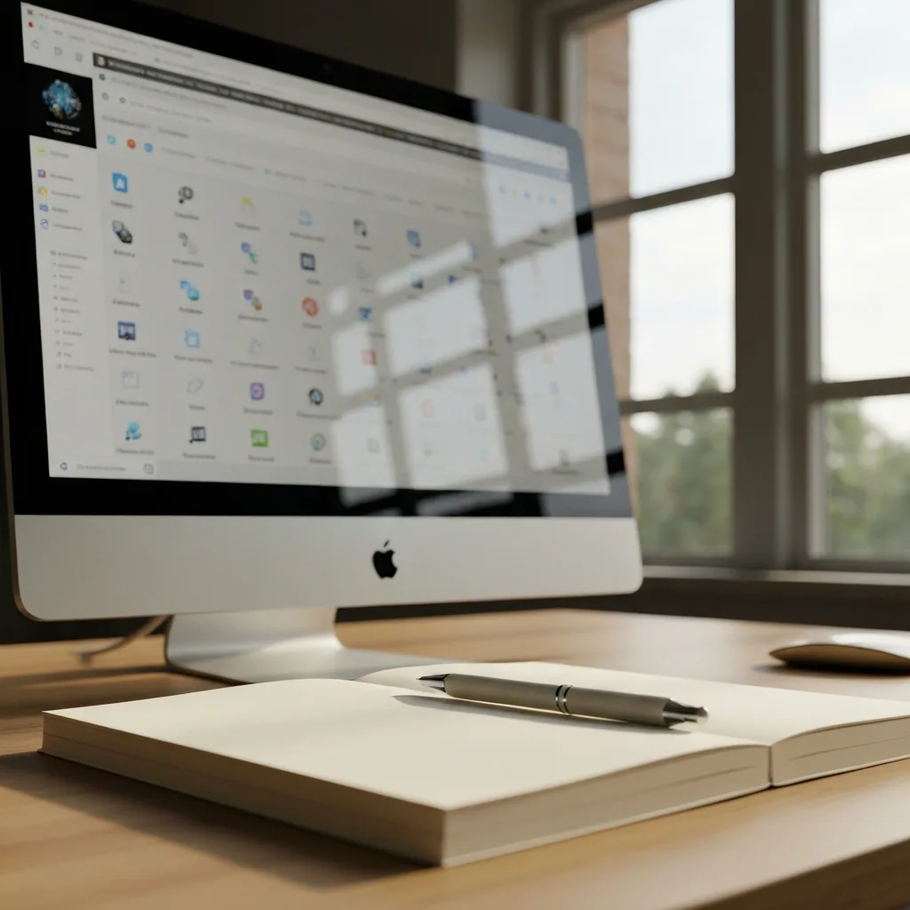 A minimalist, well-lit desk setup featuring a blank notebook and a pen in sharp focus in the foreground, with a blurred computer screen displaying a chaotic web browser in the background. Natural morning light, cinematic composition, photorealistic.