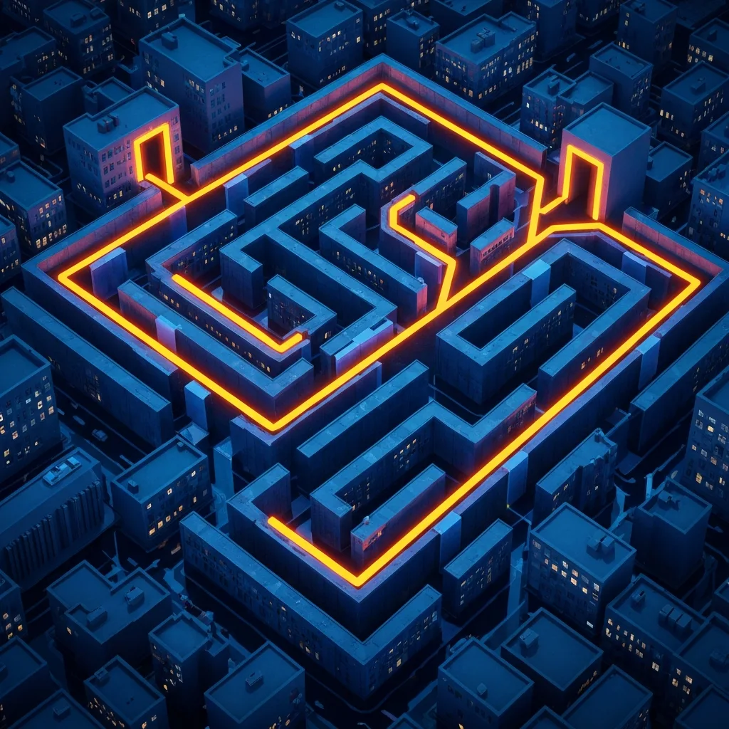 A conceptual illustration of a maze being solved backwards. The perspective is top-down, showing a glowing line tracing from the exit back to the entrance, bypassing dead ends. The color palette features deep blues and stark contrasting neon orange, representing the mental model of the Inversion Principle.
