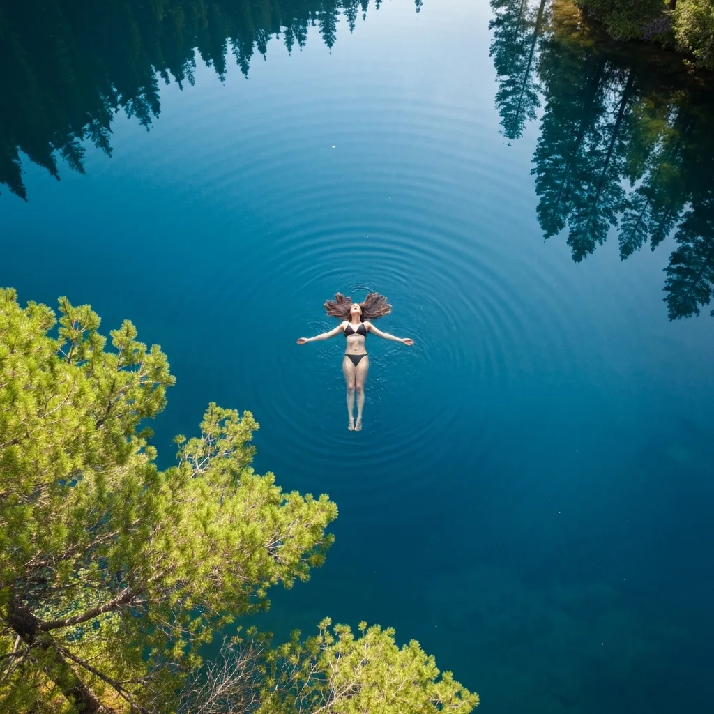 A calm individual effortlessly floating on their back in a clear, tranquil blue lake, surrounded by lush green pine trees, shot from a top-down aerial perspective, evoking a sense of surrender and flow.