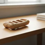A close-up of a classic woven bamboo Chinese finger trap resting on a minimalist wooden desk, warm natural lighting, subtle depth of field, symbolizing the paradox of struggle and release.