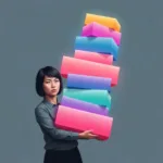 A minimalist, conceptual illustration of a person carrying a towering, precariously balanced stack of glowing geometric shapes, representing hidden ongoing work commitments. The background is a clean, muted slate gray. High quality, editorial style, vector-like shading.