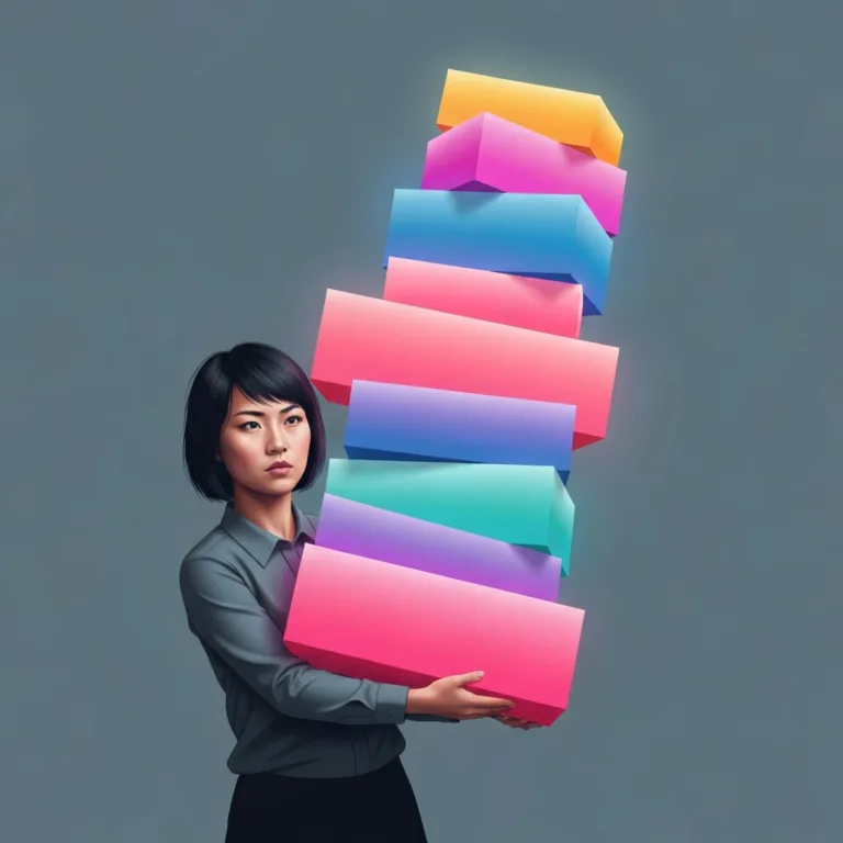 A minimalist, conceptual illustration of a person carrying a towering, precariously balanced stack of glowing geometric shapes, representing hidden ongoing work commitments. The background is a clean, muted slate gray. High quality, editorial style, vector-like shading.