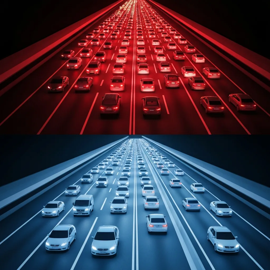 A conceptual illustration showing two parallel highways. The top highway is tightly packed with cars bumper-to-bumper, glowing with red brake lights to signify gridlock and stress. The bottom highway has evenly spaced cars moving smoothly with plenty of room between them, bathed in a cool, efficient blue light. The image visually represents the difference between 100 percent and 85 percent capacity.