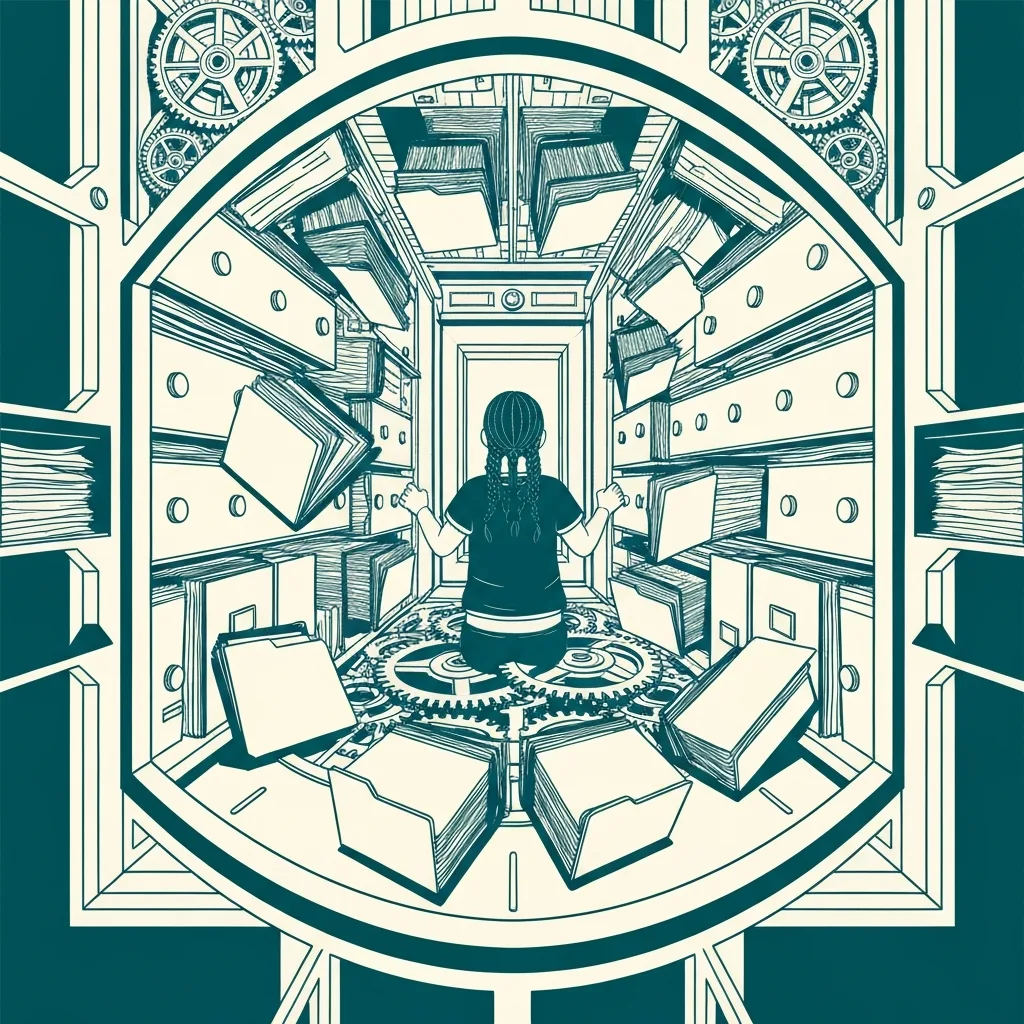 A conceptual illustration of a person trapped inside a giant, complex mechanical clockwork or filing cabinet, endlessly sorting gears and folders without moving forward. Minimalist color palette with a striking accent color, vector art style.