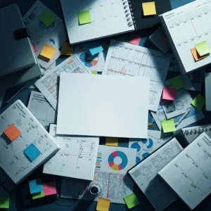 A top-down view of a cluttered, highly complex desk setup with multiple planners, colored sticky notes, and intricate charts, contrasting with a single blank piece of paper in the center. Cinematic lighting, photorealistic, hyper-detailed.