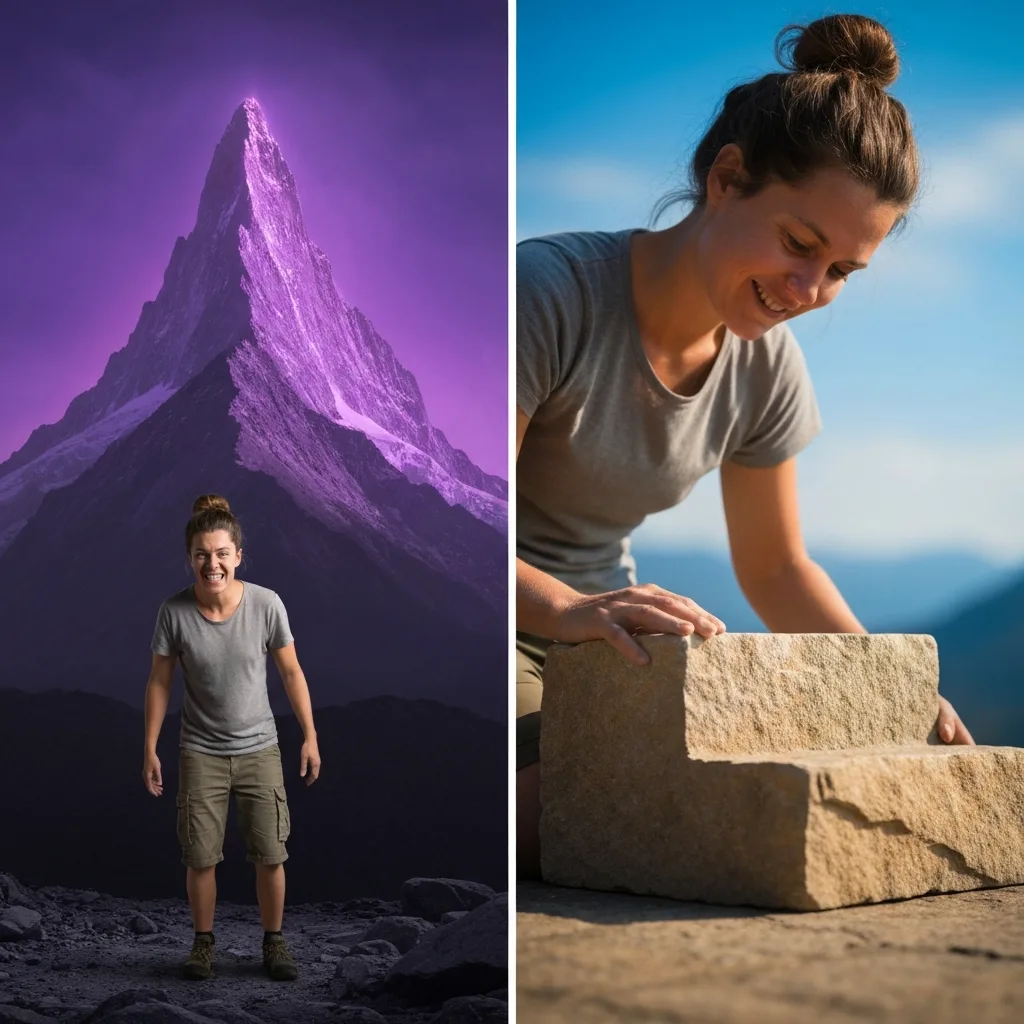 A split-screen conceptual image. On the left, a person looking overwhelmed at a massive, distant, glowing mountain peak. On the right, the same person looking down with satisfaction at a single, perfectly carved stone step they just finished building. Cinematic lighting, photorealistic.