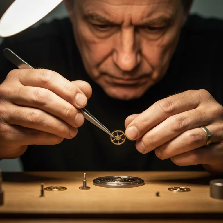 A close-up, highly detailed photograph of a watchmaker meticulously assembling tiny gears with tweezers, warm tungsten lighting highlighting the intense focus and craftsmanship, symbolizing micro-meaning and attention to detail.