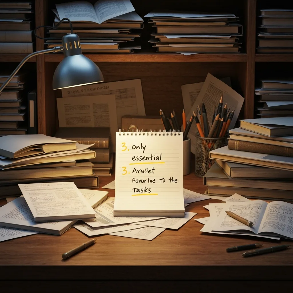 A highly cluttered and messy wooden desk. In the center, a glowing, neatly written checklist on a simple notepad containing only three highlighted essential items. The lighting emphasizes the notepad amidst the blurred chaos, warm cinematic style.