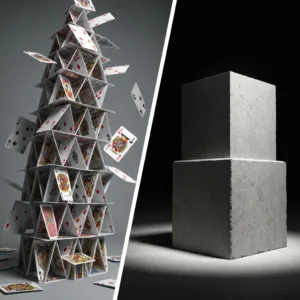 A split-screen visual concept. On the left, a complex, towering house of cards starting to collapse. On the right, a single, solid concrete foundation block remaining perfectly stable. Minimalist, modern aesthetic with dramatic lighting.