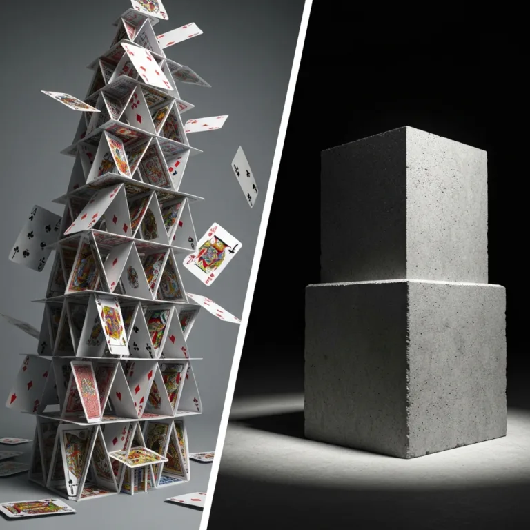 A split-screen visual concept. On the left, a complex, towering house of cards starting to collapse. On the right, a single, solid concrete foundation block remaining perfectly stable. Minimalist, modern aesthetic with dramatic lighting.