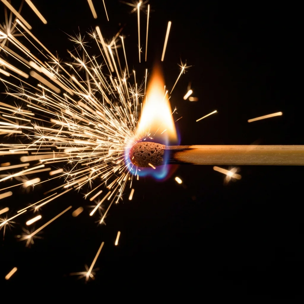 A conceptual macro shot of a striking match exactly at the moment of ignition. Sparks are flying off the friction strip in sharp detail, and a small, intense burst of orange and blue flame is catching the wood. The background is completely dark, emphasizing the sudden burst of energy and light. Shot on a macro lens, highly detailed, sharp focus, capturing the raw energy of the ignition phase.