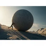 A cinematic, hyper-realistic image of a massive, heavy stone sphere resting on a slight incline on a rugged terrain. A single person is leaning against it, pushing with intense effort to get it rolling. The lighting is dramatic, with long shadows cast by a low morning sun, symbolizing the immense initial energy required to overcome inertia. High detail, 8k resolution, photorealistic.