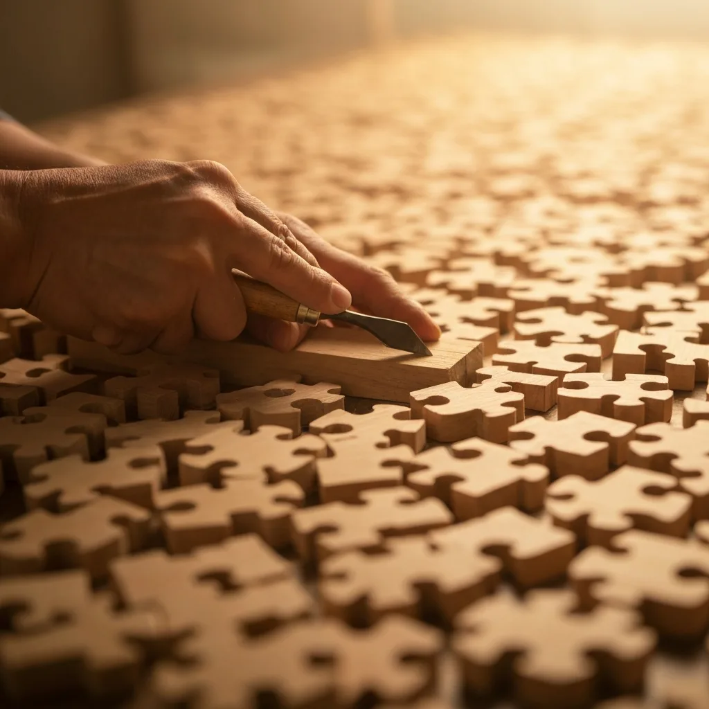 A macro shot of a craftsman's hands carving wood, surrounded by hundreds of nearly identical, perfectly shaped wooden pieces. Warm, golden hour lighting emphasizing the texture of the wood grain and the calluses on the hands. The image evokes a feeling of endless practice, mastery, and the beauty of mundane repetition.