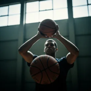 A cinematic, moody photograph of an athlete alone in a dimly lit gym, repeatedly practicing a single free throw. The focus is on the worn texture of the basketball and the intense, calm expression of the athlete. Soft, natural light filtering from a high window, highlighting the dust motes in the air, conveying a sense of quiet dedication and repetition.