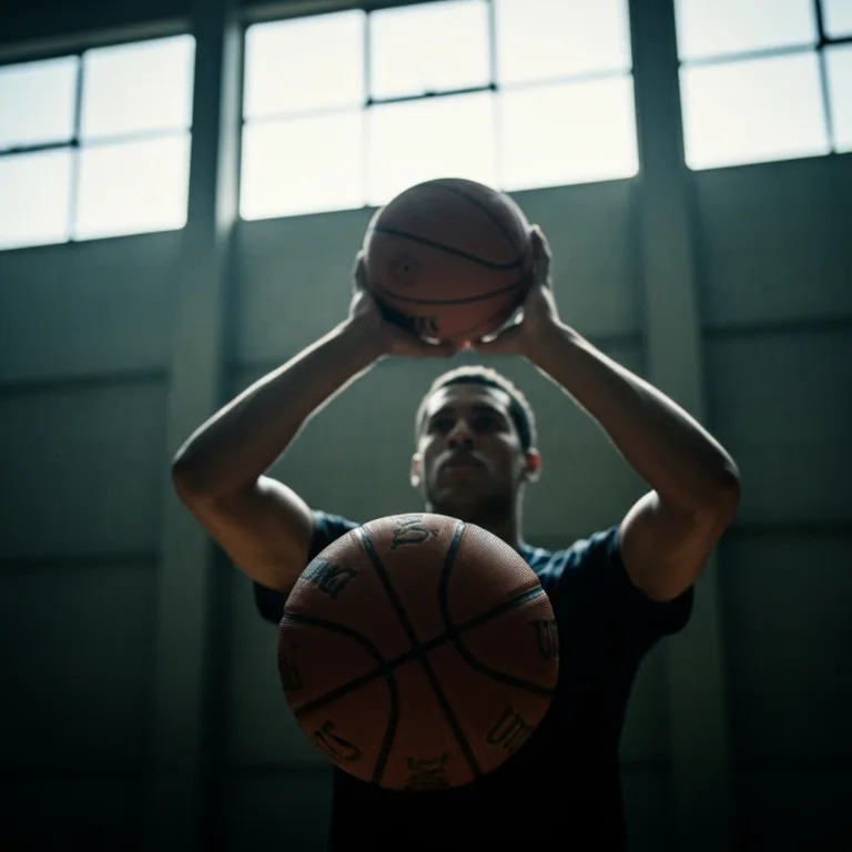 A cinematic, moody photograph of an athlete alone in a dimly lit gym, repeatedly practicing a single free throw. The focus is on the worn texture of the basketball and the intense, calm expression of the athlete. Soft, natural light filtering from a high window, highlighting the dust motes in the air, conveying a sense of quiet dedication and repetition.