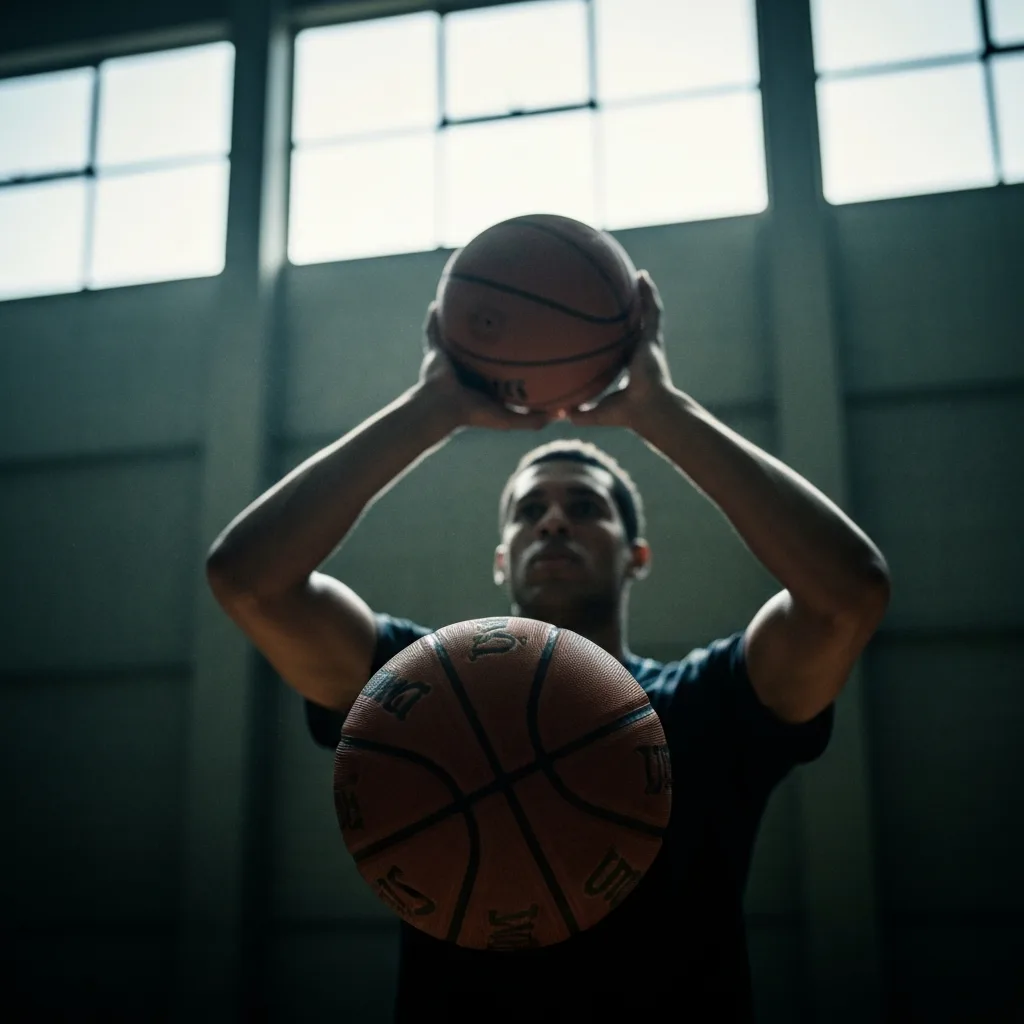 A cinematic, moody photograph of an athlete alone in a dimly lit gym, repeatedly practicing a single free throw. The focus is on the worn texture of the basketball and the intense, calm expression of the athlete. Soft, natural light filtering from a high window, highlighting the dust motes in the air, conveying a sense of quiet dedication and repetition.