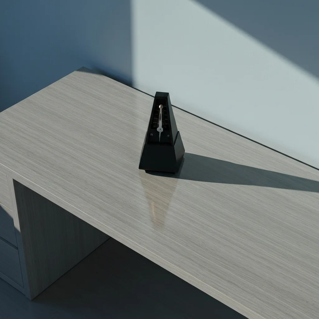 A cinematic, overhead shot of a sleek, modern desk. On the desk, a mechanical metronome sits perfectly still, casting a long, sharp shadow under warm, directional morning light. The mood is calm, focused, and deliberate, symbolizing pacing and rhythm.