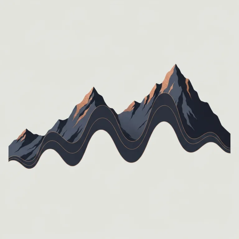 A minimalist, abstract representation of a wave graph morphing into a rugged mountain range, using a muted color palette of deep navy, charcoal, and subtle copper highlights. The image conveys a sense of natural rhythm and sustained energy. Clean, editorial illustration style.