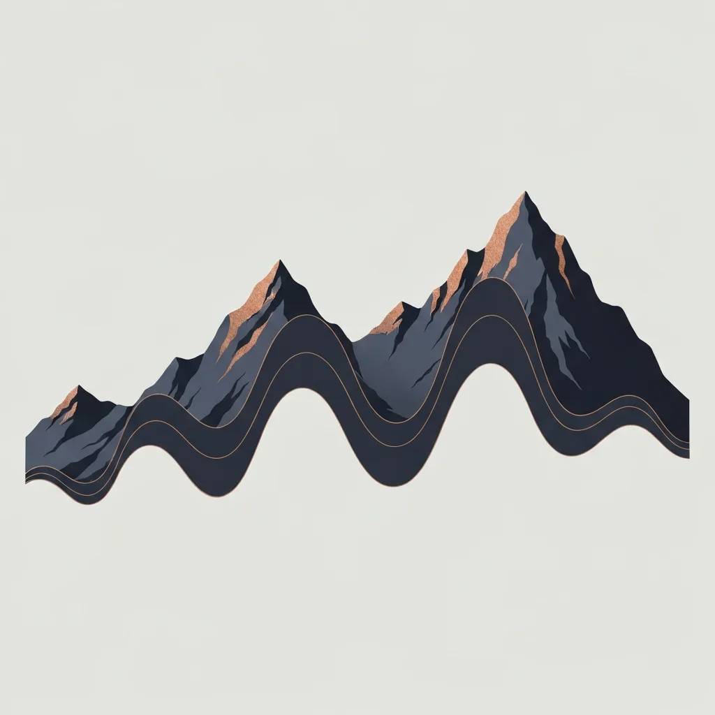 A minimalist, abstract representation of a wave graph morphing into a rugged mountain range, using a muted color palette of deep navy, charcoal, and subtle copper highlights. The image conveys a sense of natural rhythm and sustained energy. Clean, editorial illustration style.