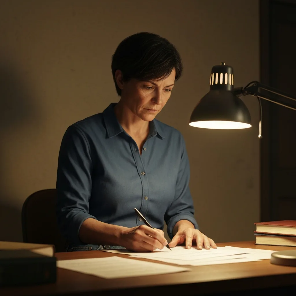A determined individual working quietly at a desk in a dimly lit room, illuminated by a single warm desk lamp. The scene evokes a sense of deep focus, patience, and grit during the boring phases of mastery. Realistic, moody, highly detailed.