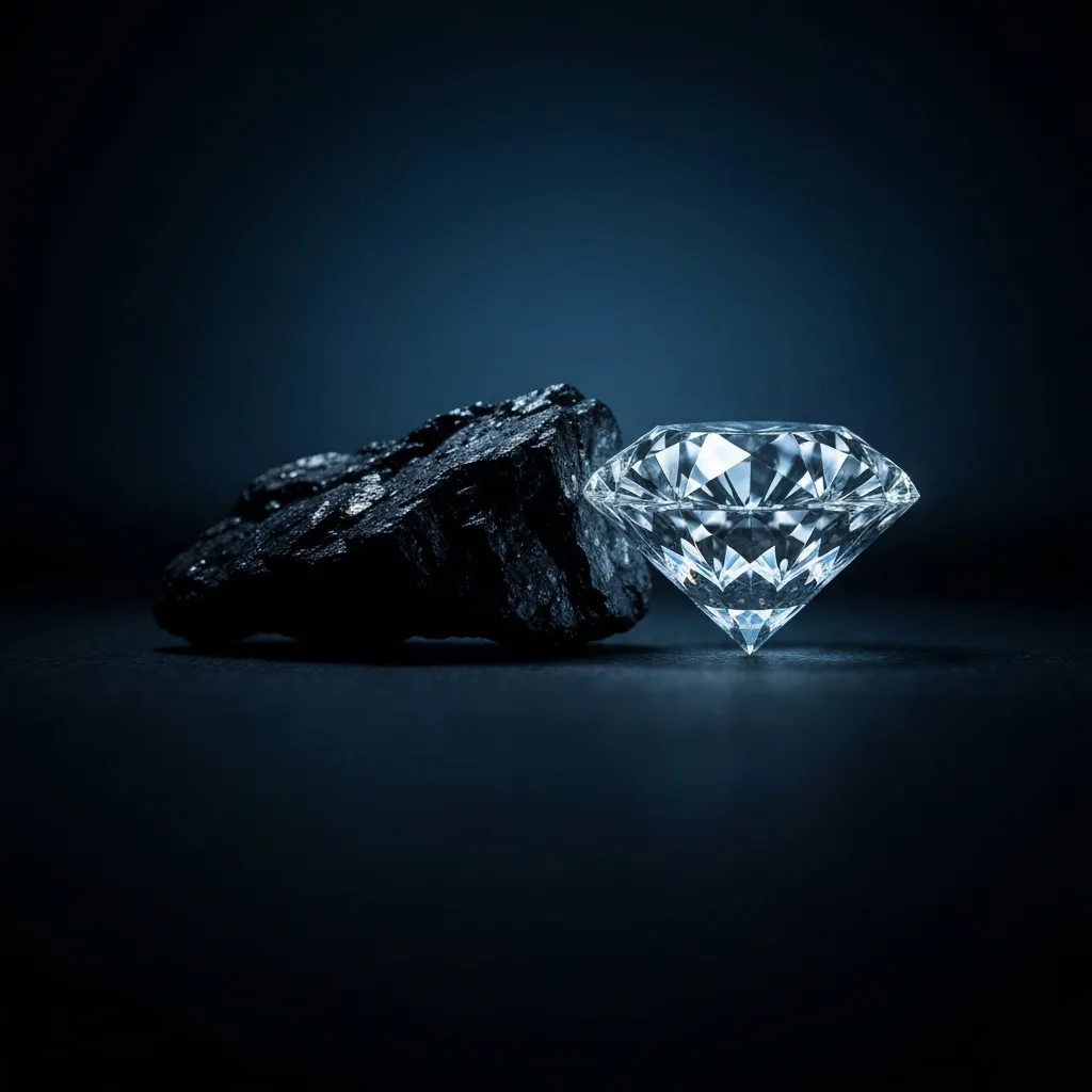 A visually striking conceptual image showing a rough, dark piece of coal transitioning into a brilliant, glowing diamond under immense pressure. The background is a moody, dark gradient, emphasizing the bright, sharp facets of the diamond, representing the concept of friction and frustration creating immense value and growth.
