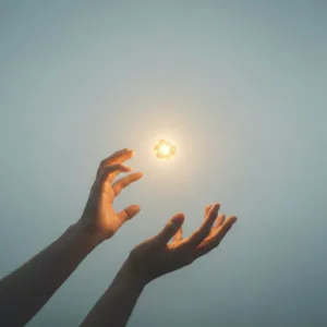 A serene, abstract composition showing a pair of hands gently releasing a glowing, golden orb into a calm, misty sky. The lighting is soft and ethereal, symbolizing the concept of letting go and non-attachment. Minimalist style, muted pastel color palette with warm golden accents.