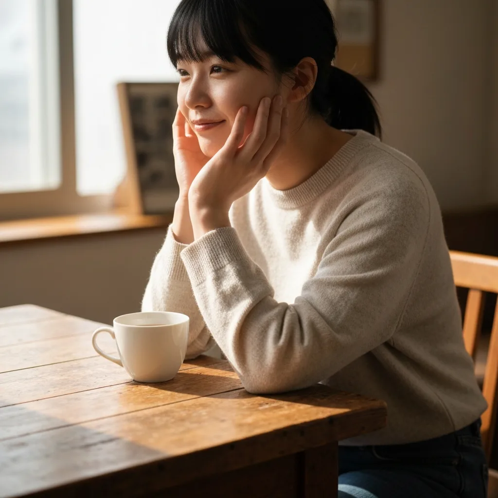 A close-up, atmospheric photograph of a person's hands resting on a textured wooden table, holding a warm cup of tea. Sunlight streams through a nearby window, casting long, calming shadows. The focus is sharp on the hands, conveying a deep sense of grounding, presence, and physiological safety. Muted, earthy color palette.