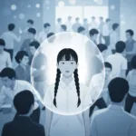 A subtle, conceptual illustration of a person standing calmly in a crowded, chaotic room. The calm person has a soft, glowing, translucent sphere around them, representing an emotional boundary, while the surrounding people appear blurred and frantic in cool, muted tones.