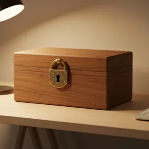 A serene, softly lit room featuring a beautifully crafted, heavy wooden box resting on a minimalist desk. The box has an intricate brass lock, symbolizing a secure mental container for emotions. Cinematic lighting, photorealistic, calm atmosphere.
