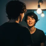 A moody, cinematic photograph of a person looking into a mirror, but the reflection shows them in a bright, peaceful, and joyful state, illustrating the concept of emotional object permanence. Soft, contrasting lighting between the dark room and the bright reflection.