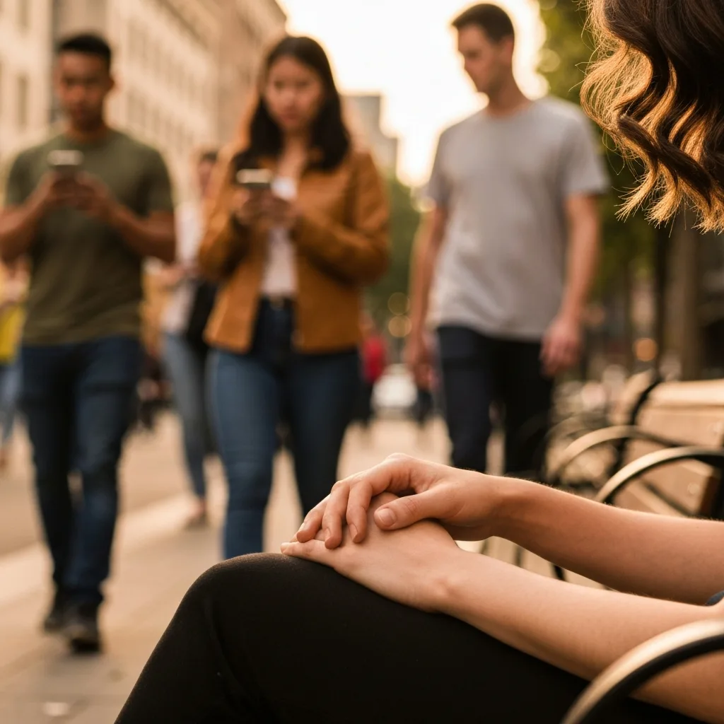 A close-up of a person's relaxed hands resting on their lap while sitting on a park bench. In the softly blurred background, people are walking by looking at their smartphones. The lighting is warm and golden, emphasizing a sense of calm and stillness amidst urban rush.