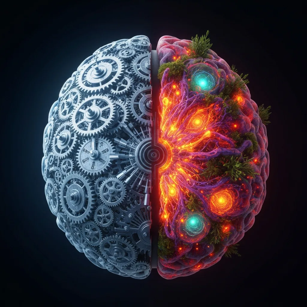 A highly detailed, surreal visualization of the human brain where the left hemisphere is constructed of rigid, metallic gears and clockwork, while the right hemisphere is organic, lush, and glowing with bioluminescent energy, symbolizing the shift from forced willpower to natural, intrinsic motivation.