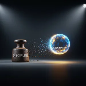 A striking conceptual image showing a heavy, rusted iron weight labeled 'Discipline' slowly transforming into a glowing, weightless sphere of vibrant blue and gold light representing 'Fascination', set against a minimalist dark background with dramatic, cinematic lighting.