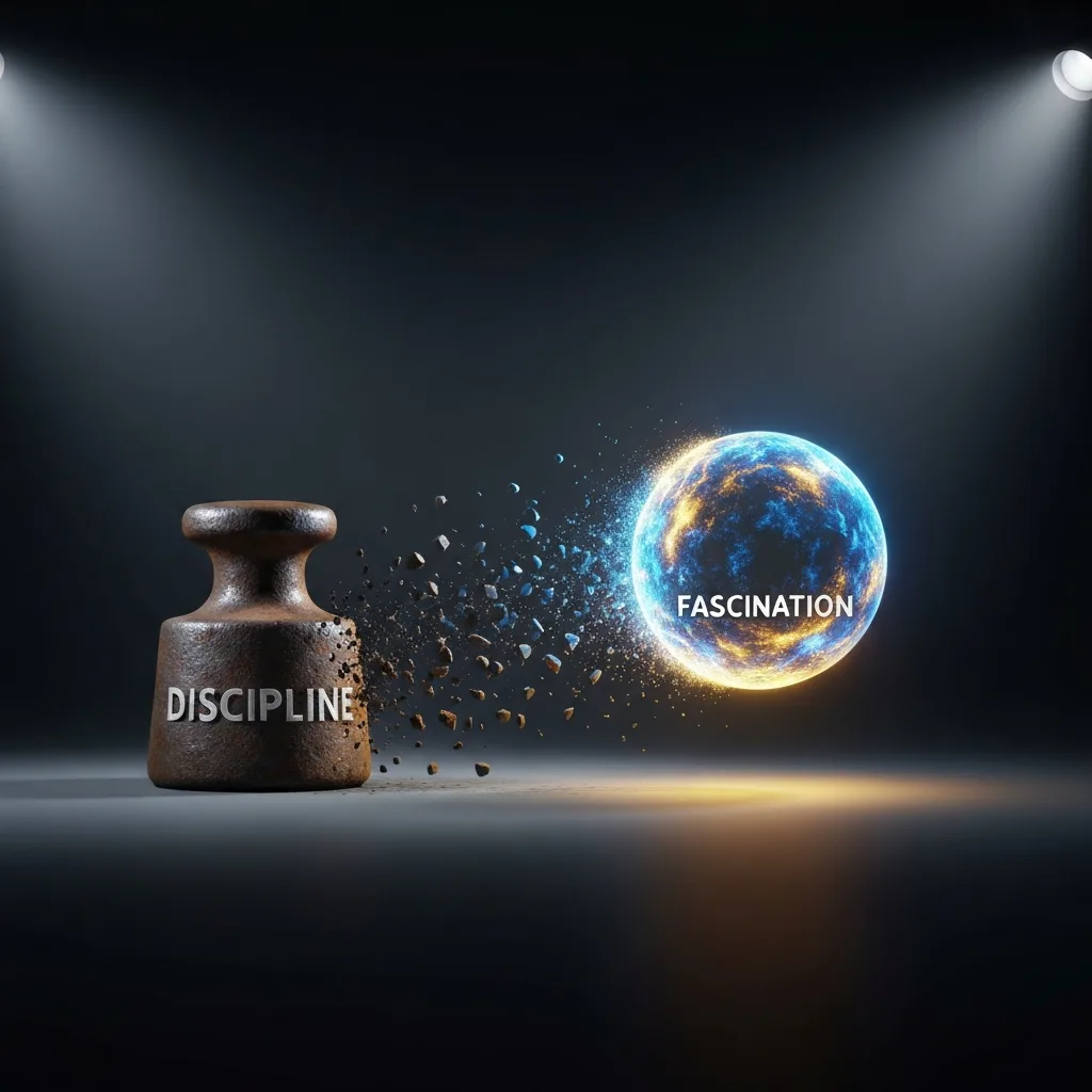 A striking conceptual image showing a heavy, rusted iron weight labeled 'Discipline' slowly transforming into a glowing, weightless sphere of vibrant blue and gold light representing 'Fascination', set against a minimalist dark background with dramatic, cinematic lighting.
