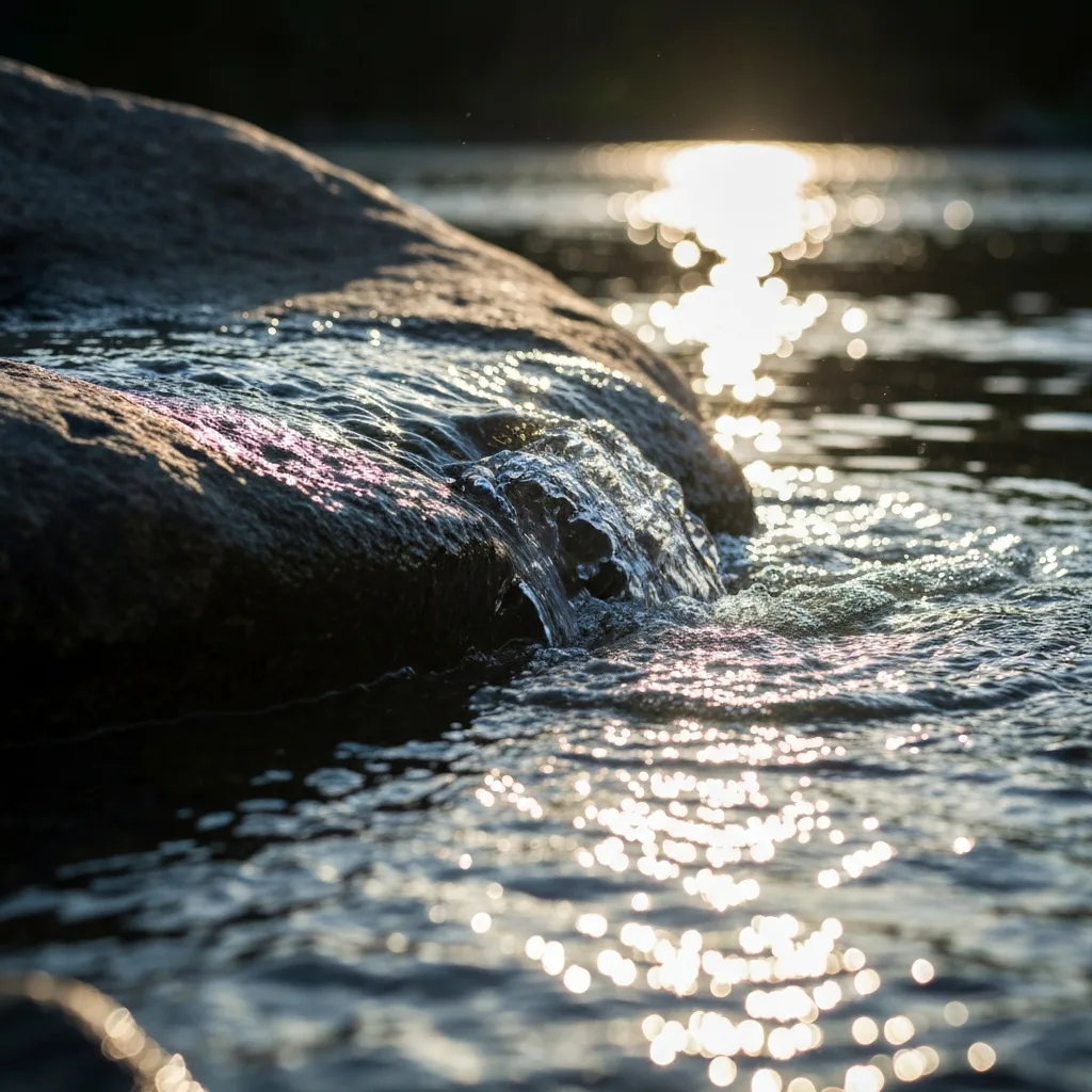 A macro, close-up view of gentle water ripples on a quiet, undisturbed lake during golden hour. The water reflects soft orange, pink, and deep blue hues. The image evokes a profound sense of calm and visual soft fascination, focusing on the repeating, natural fractal patterns of the water's surface. High-resolution, nature photography.