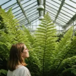 A person sitting quietly on a rustic wooden bench in a sunlit greenhouse, gazing gently at the intricate, repeating leaves of a large fern. Soft, dappled natural light filters through the glass roof, creating a calm, restorative, and peaceful atmosphere. High-quality, cinematic lighting, photorealistic, focusing on the concept of effortless attention.