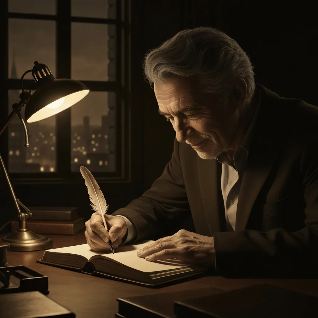 A conceptual illustration of the writing process, showing a vintage mechanical typewriter with a glowing, tightly compressed manuscript page feeding out of it. Around the typewriter, floating ethereal words and letters are being funneled and condensed into the single page, symbolizing the narrative economy and precision of writing a novella. Cinematic lighting, dramatic shadows, highly detailed.