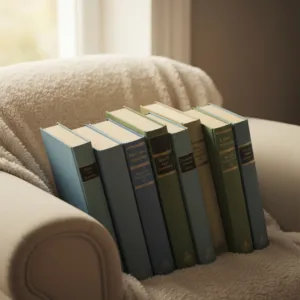 A cozy, atmospheric reading nook featuring a stack of slim, brightly colored novella books resting on a rustic wooden table. A steaming cup of black coffee and a pair of reading glasses sit nearby. Soft, natural sunlight streams through a nearby window, illuminating the textured covers of the small books. High-resolution, photorealistic, warm literary aesthetic.