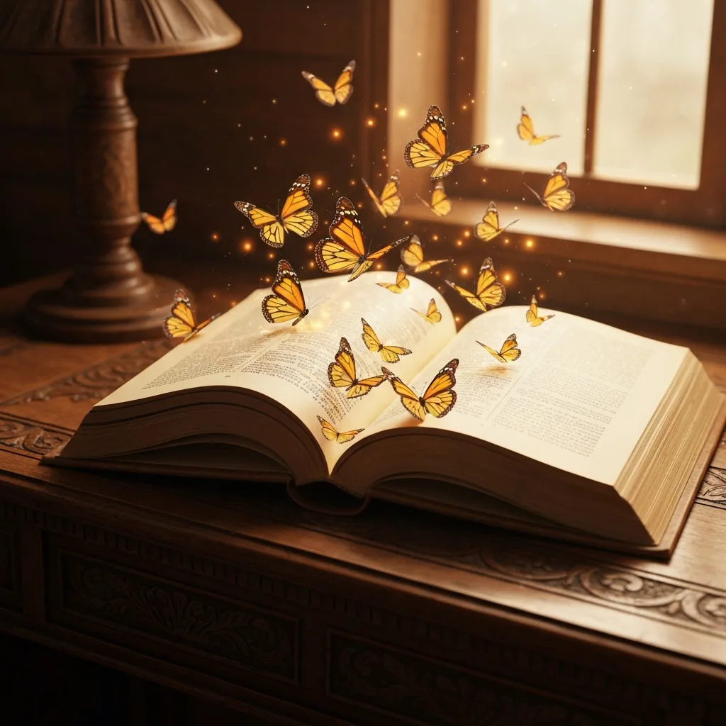 A close-up of a well-worn book lying open on a wooden desk, the pages seemingly dissolving into a flurry of glowing orange monarch butterflies flying upward, warm ambient lighting, highly detailed.