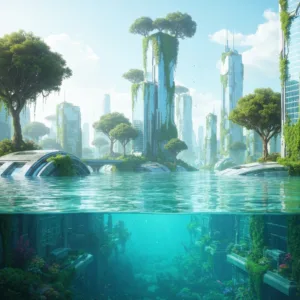 A hyper-realistic digital painting of a futuristic city partially submerged in crystal clear water, overgrown with lush green vines and towering trees, soft cinematic lighting, evoking a sense of environmental reclamation.