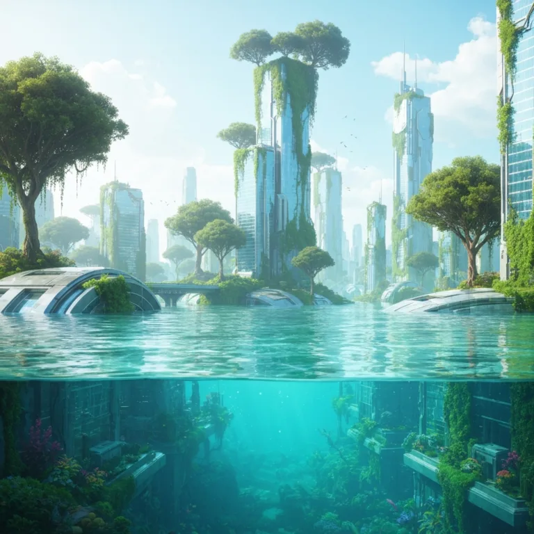 A hyper-realistic digital painting of a futuristic city partially submerged in crystal clear water, overgrown with lush green vines and towering trees, soft cinematic lighting, evoking a sense of environmental reclamation.
