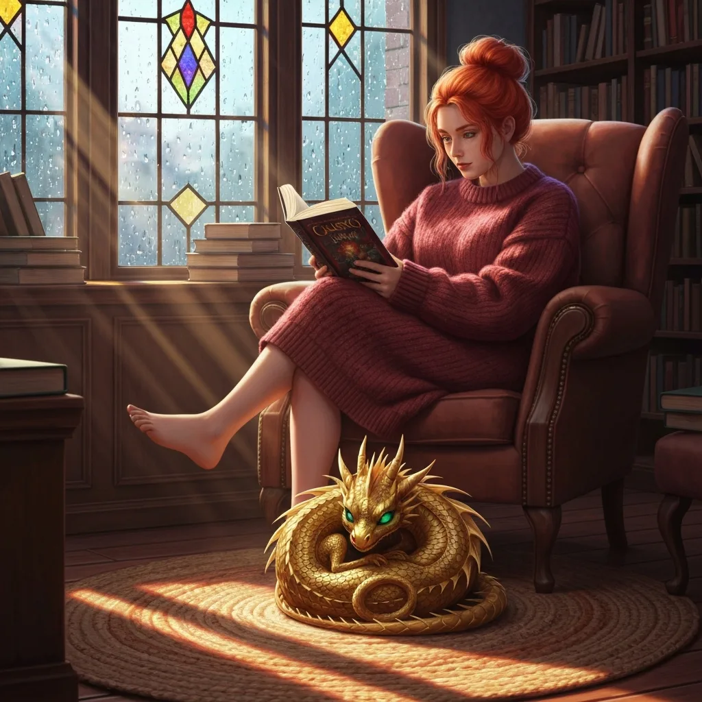 A cozy magical bookshop on a rainy day, stained glass windows with raindrops, a young witch in a comfortable oversized sweater reading a book in a plush velvet armchair, a small sleeping dragon curled up like a cat on the woven rug, atmospheric and moody lighting.
