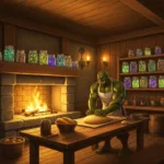A warm, inviting fantasy tavern interior with a glowing hearth, a muscular orc wearing a baker's apron gently kneading bread dough, jars of glowing magical herbs on the wooden shelves, soft golden lighting, highly detailed digital illustration.