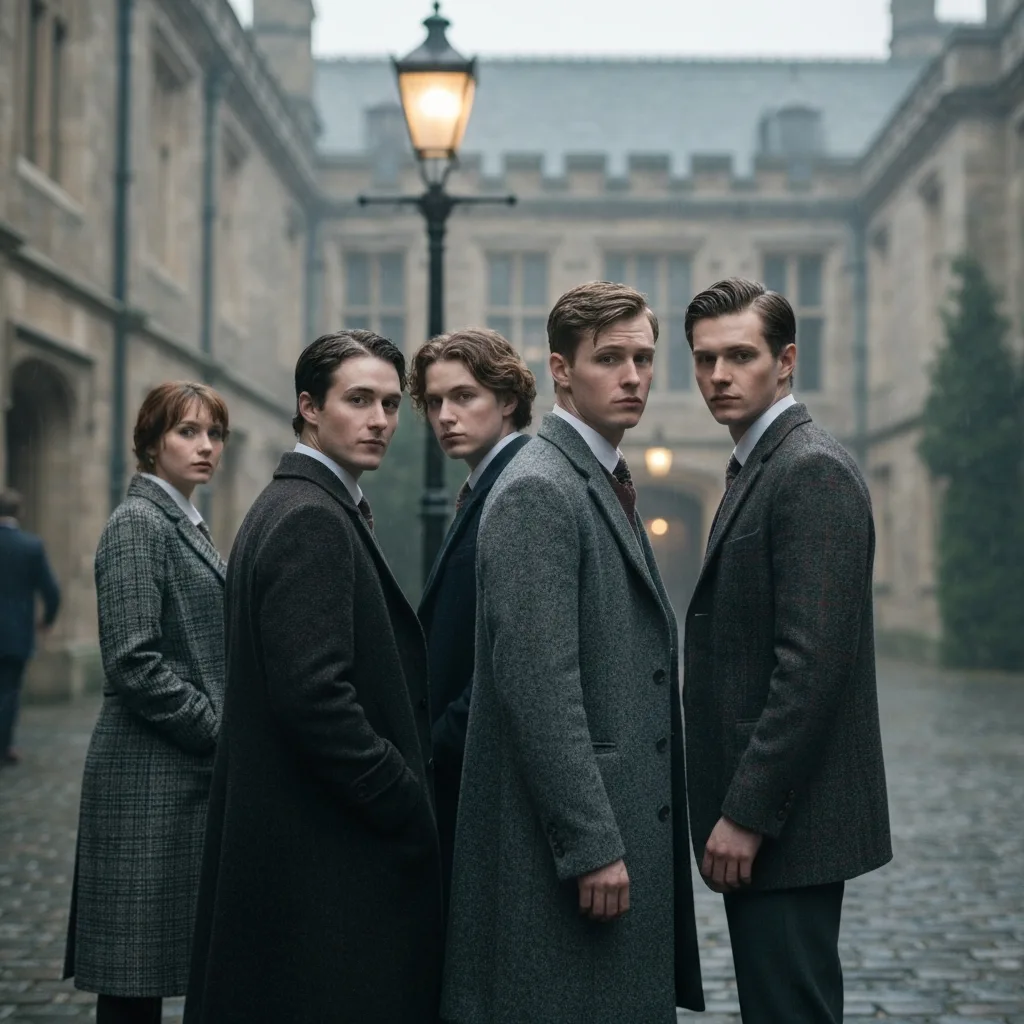 A group of college students dressed in 1920s-inspired dark academic fashion, wearing tweed blazers, wool coats, and knit sweaters, standing in a misty, rain-soaked cobblestone courtyard of a Gothic-style campus, looking over their shoulders with a conspiratorial expression.
